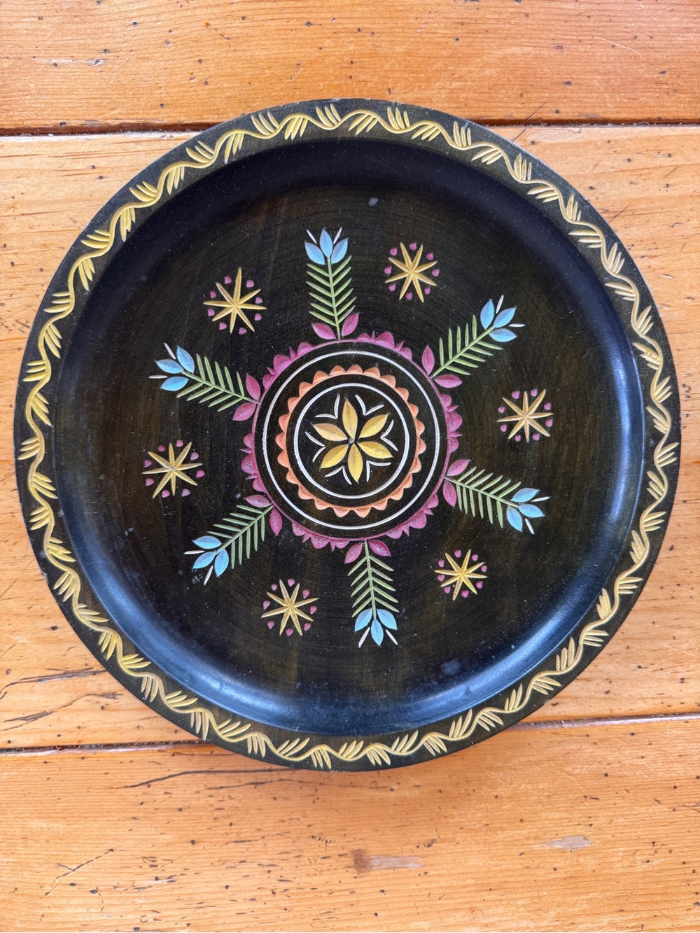 Hand-Painted Decorative Black Floral Wood Tray